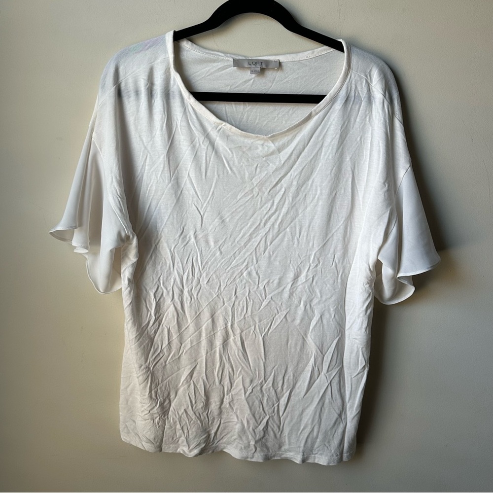 Loft Women’s White Round Neck Batwing Sleeves Oversized Relaxed Fit Minimalist